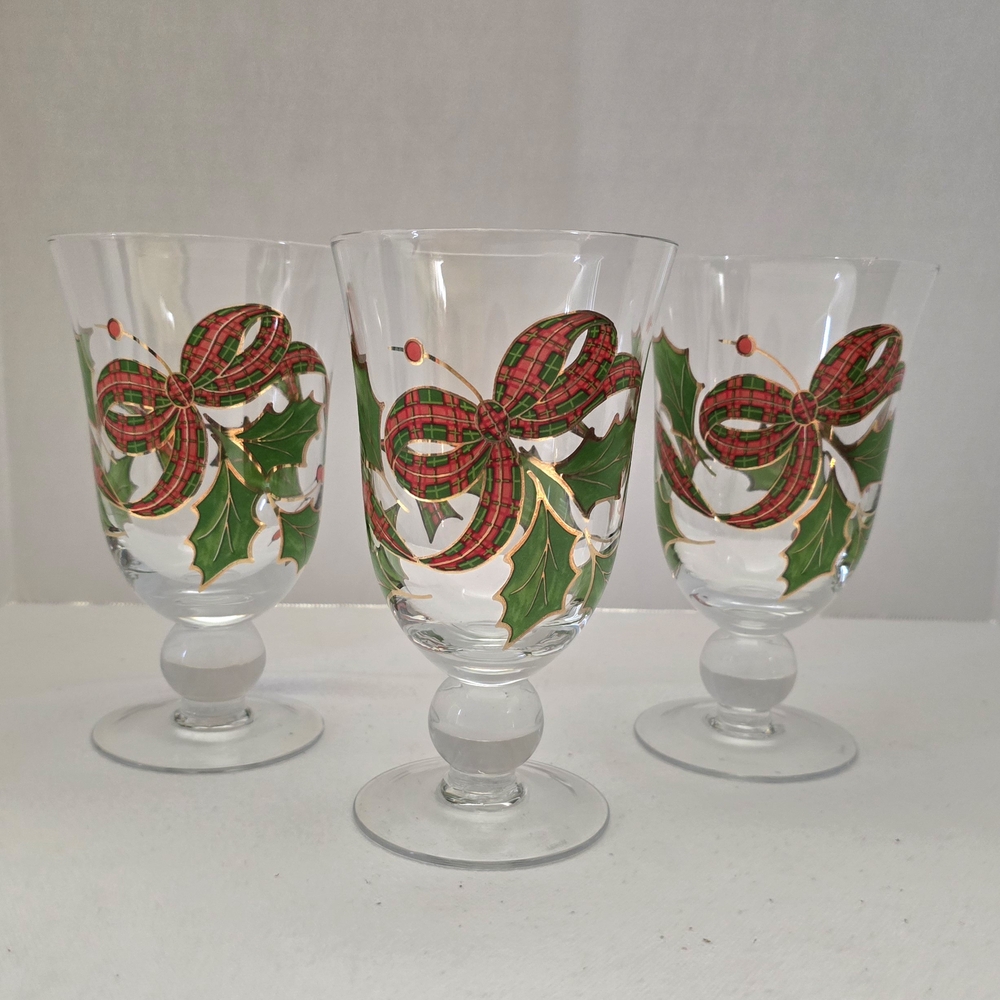 Set Of 3 Lenox Holiday Plaid Ribbon Iced Tea Glasses Goblets 6 3/4" EUC